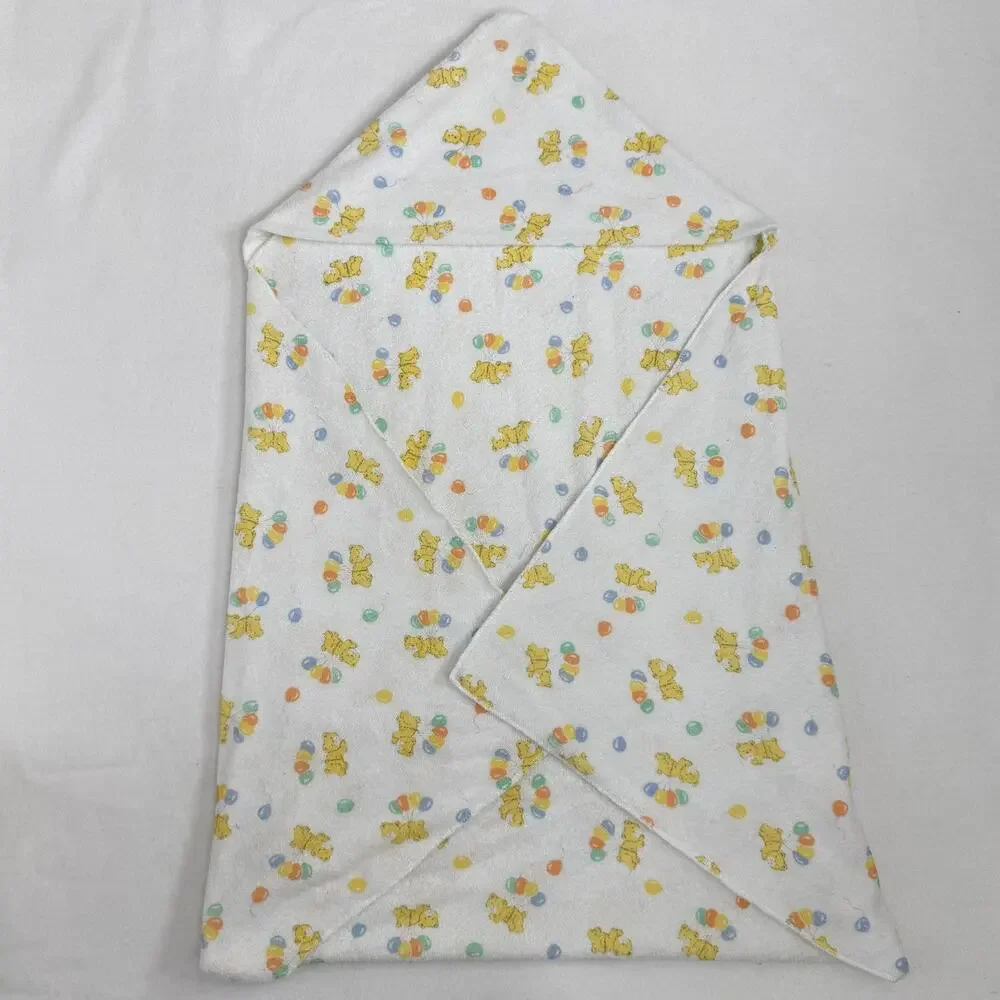 Vintage Hooded Towel Terry Cloth Bear Balloon Pattern Wrap Baby Soft 90s 30x30